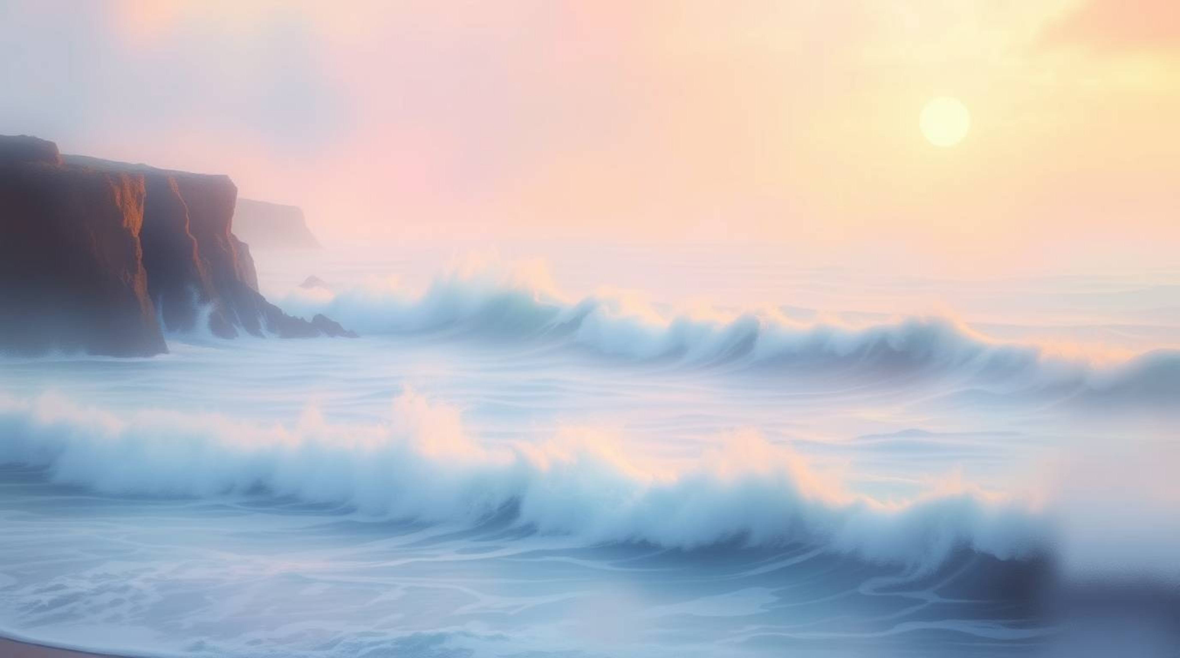 Experience the serene beauty of crashing waves against majestic cliffs at sunset in this soft, dreamy painting. Bathed in haz