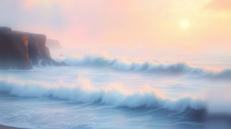 Experience the serene beauty of crashing waves against majestic cliffs at sunset in this soft, dreamy painting. Bathed in haz