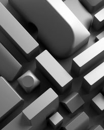 Explore classic black and white 3D shapes rendered with smooth gradient textures in a futuristic sci-fi art style. This piece