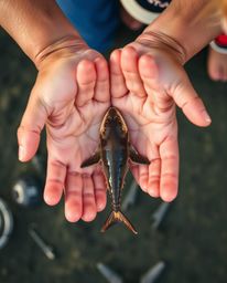 Witness a heartwarming connection in this overhead shot, capturing a child's hands engaging playfully with a sea creature. Th