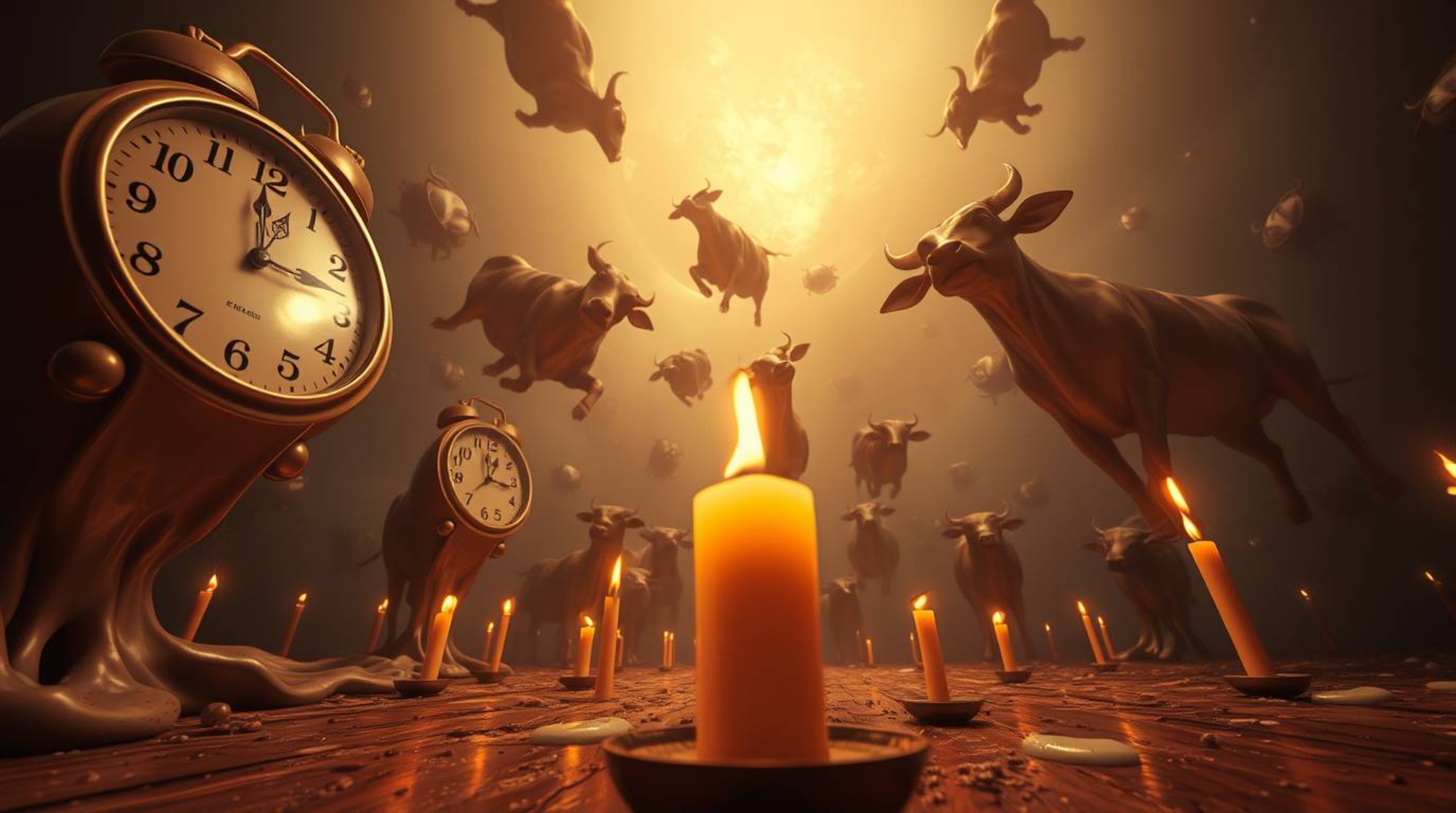 Experience a captivating surreal dreamscape illuminated by the warm glow of candlelight. This artwork features melting clocks
