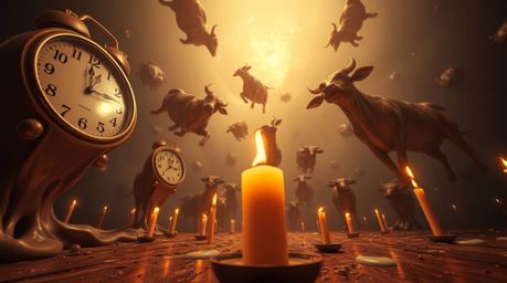 Experience a captivating surreal dreamscape illuminated by the warm glow of candlelight. This artwork features melting clocks
