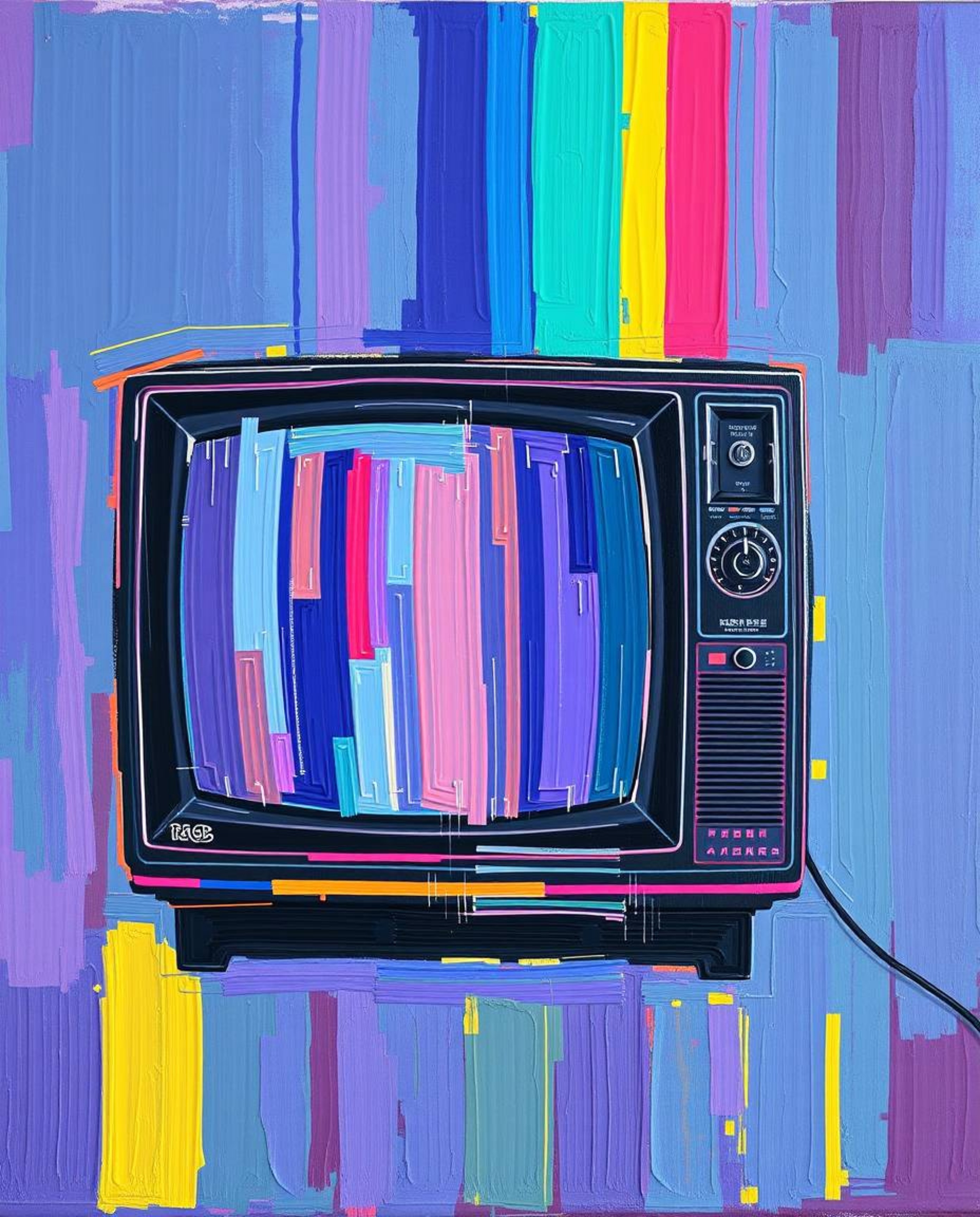 A vibrant acrylic painting captures the essence of a retro TV screen glitch.  The artwork showcases electric vivid colors wit