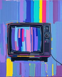A vibrant acrylic painting captures the essence of a retro TV screen glitch.  The artwork showcases electric vivid colors wit