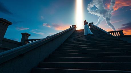 A lone, elegant figure ascends a stone staircase bathed in the ethereal glow of a divine light beam. The scene is framed by a