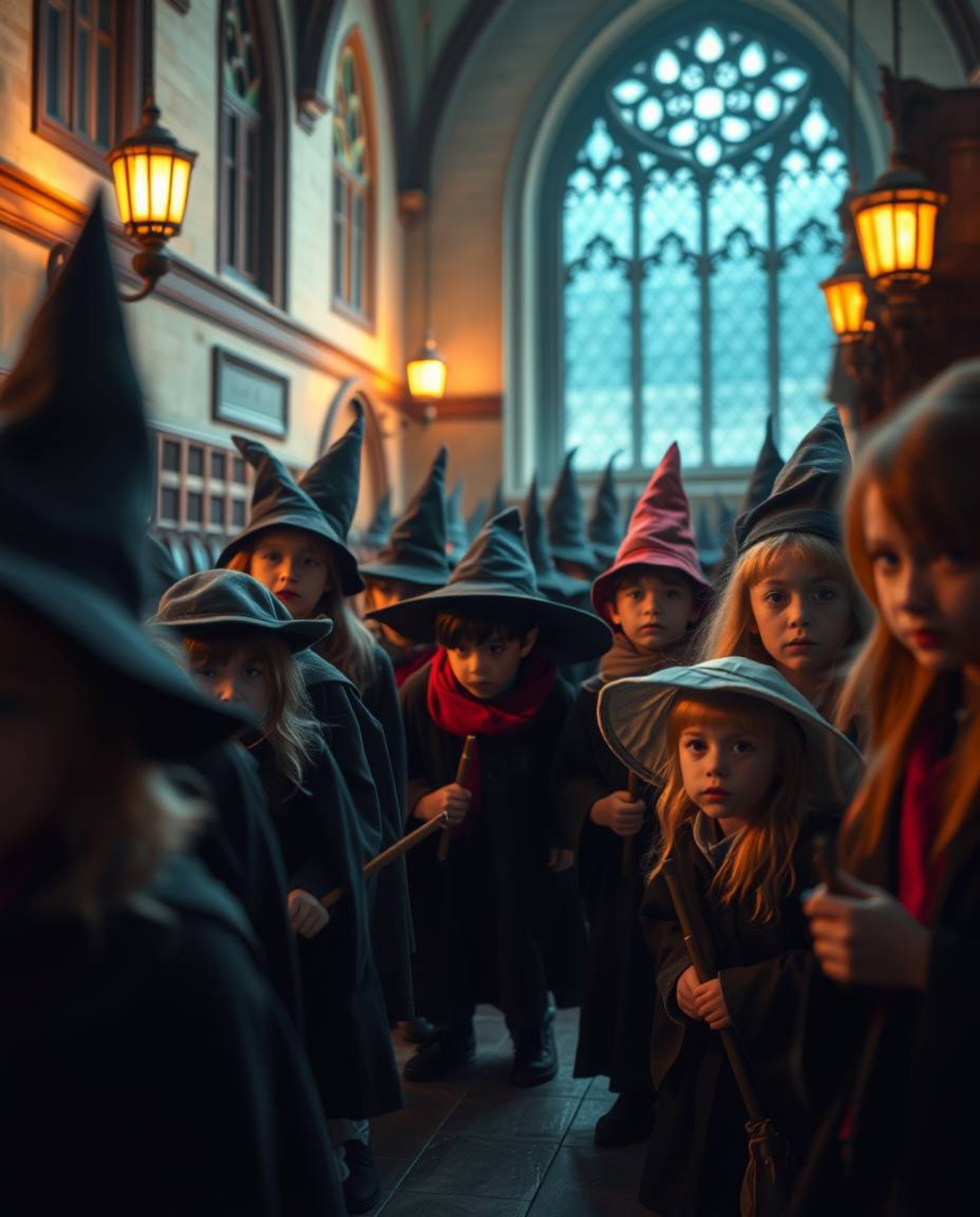 A tight close-up shot of a magical school filled with young wizards, showcasing detailed focus and seamless color blending th