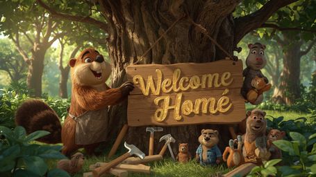 A highly detailed, high-resolution stock photo of a cheerful, anthropomorphic beaver in a lush, vibrant forest, busily constr