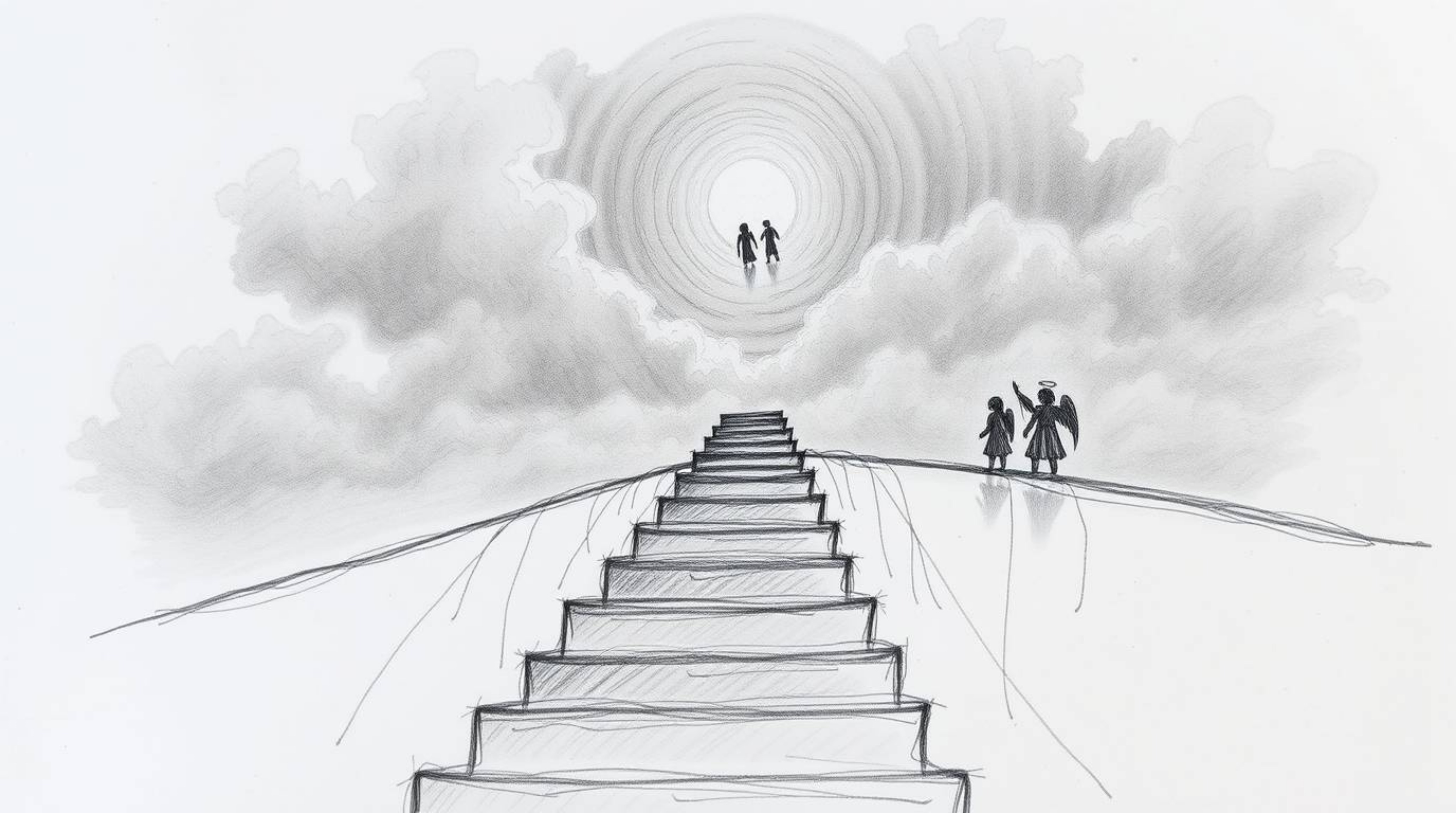 A hand-drawn sketch depicting steps of light ascending into a cloudy sky, with angelic figures watching from the horizon. The