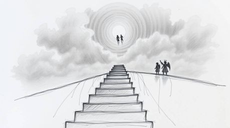 A hand-drawn sketch depicting steps of light ascending into a cloudy sky, with angelic figures watching from the horizon. The