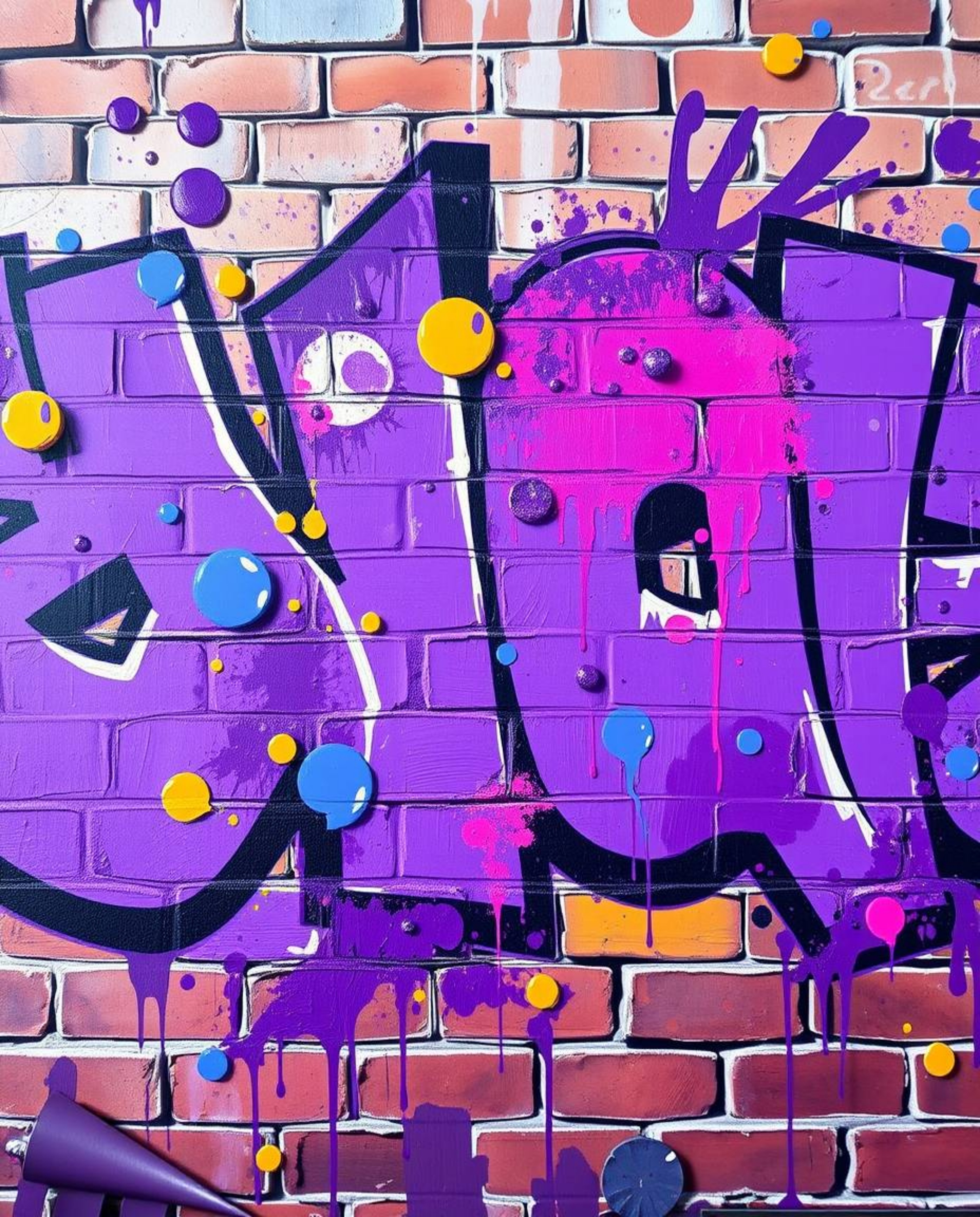 A captivating classic oil painting showcases a vibrant graffiti-style artwork on a textured brick wall.  Dominated by deep ul