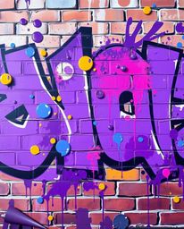 A captivating classic oil painting showcases a vibrant graffiti-style artwork on a textured brick wall.  Dominated by deep ul