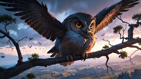 A mystical and atmospheric scene, created in a beautiful blend of Pixar and anime styles. High on a lookout tree, shrouded in