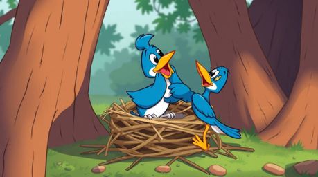 A high-resolution stock photo depicting two cartoon birds diligently constructing a nest, rendered in a classic animation sty