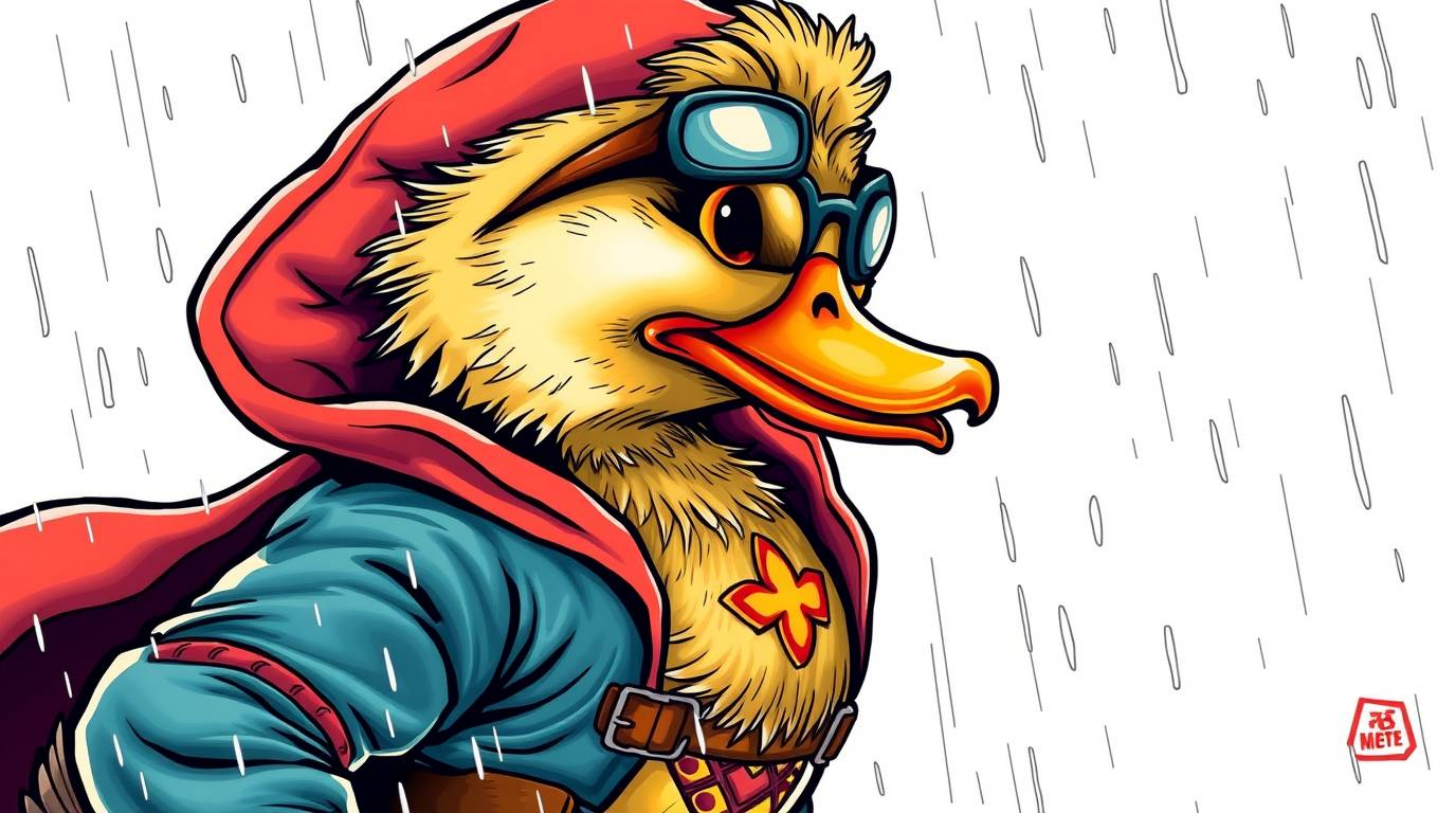 A traditional tattoo-style print featuring a duck in a zany superhero costume, set against a wet, rainy backdrop. This vibran