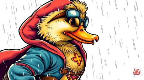 A traditional tattoo-style print featuring a duck in a zany superhero costume, set against a wet, rainy backdrop. This vibran
