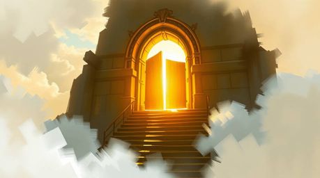A captivating digital painting showcases a heavenly gate floating above ethereal clouds, with a staircase leading upwards and