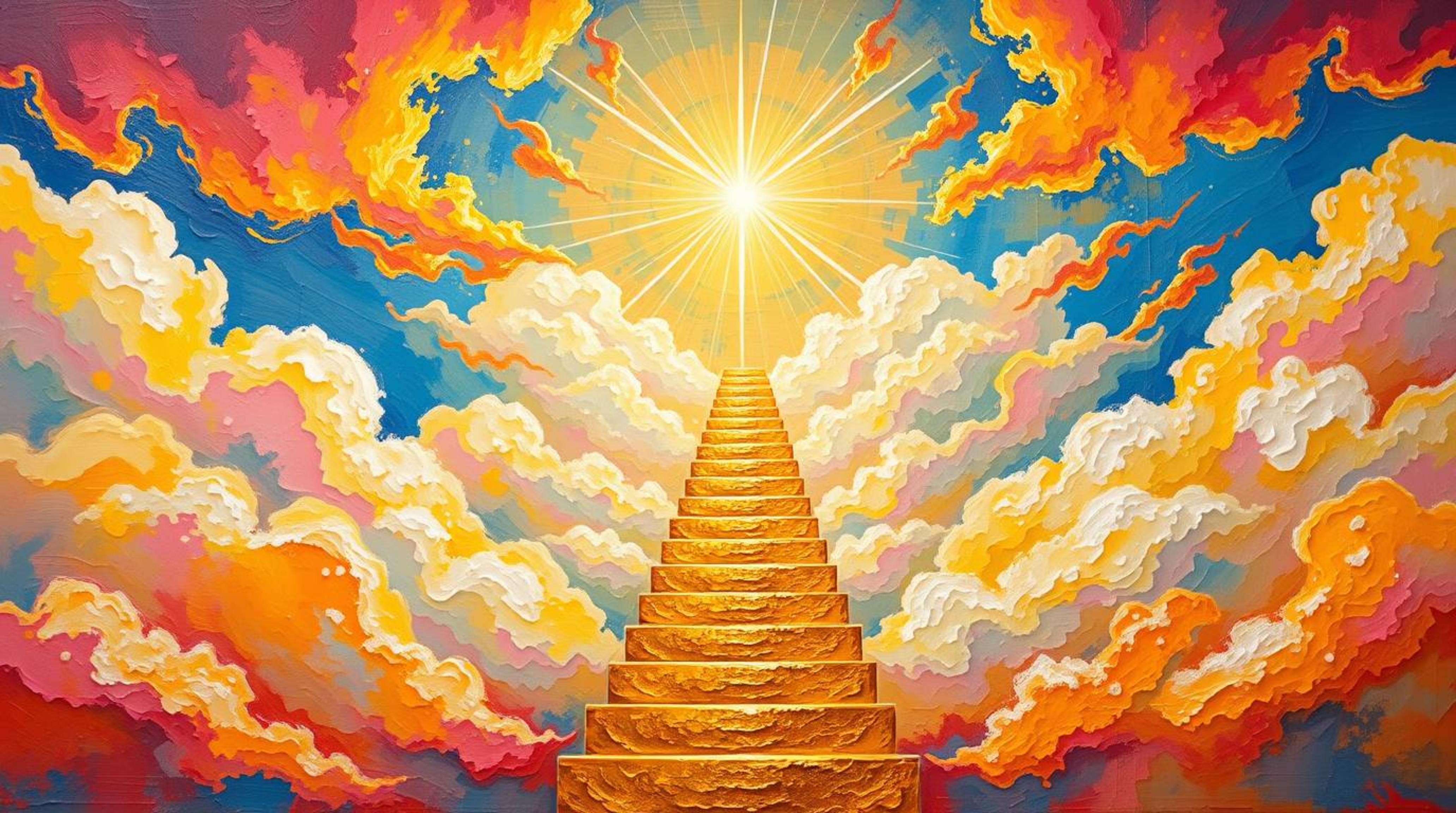 Experience the divine with this bold acrylic painting featuring a golden staircase rising through clouds to a glowing heaven.