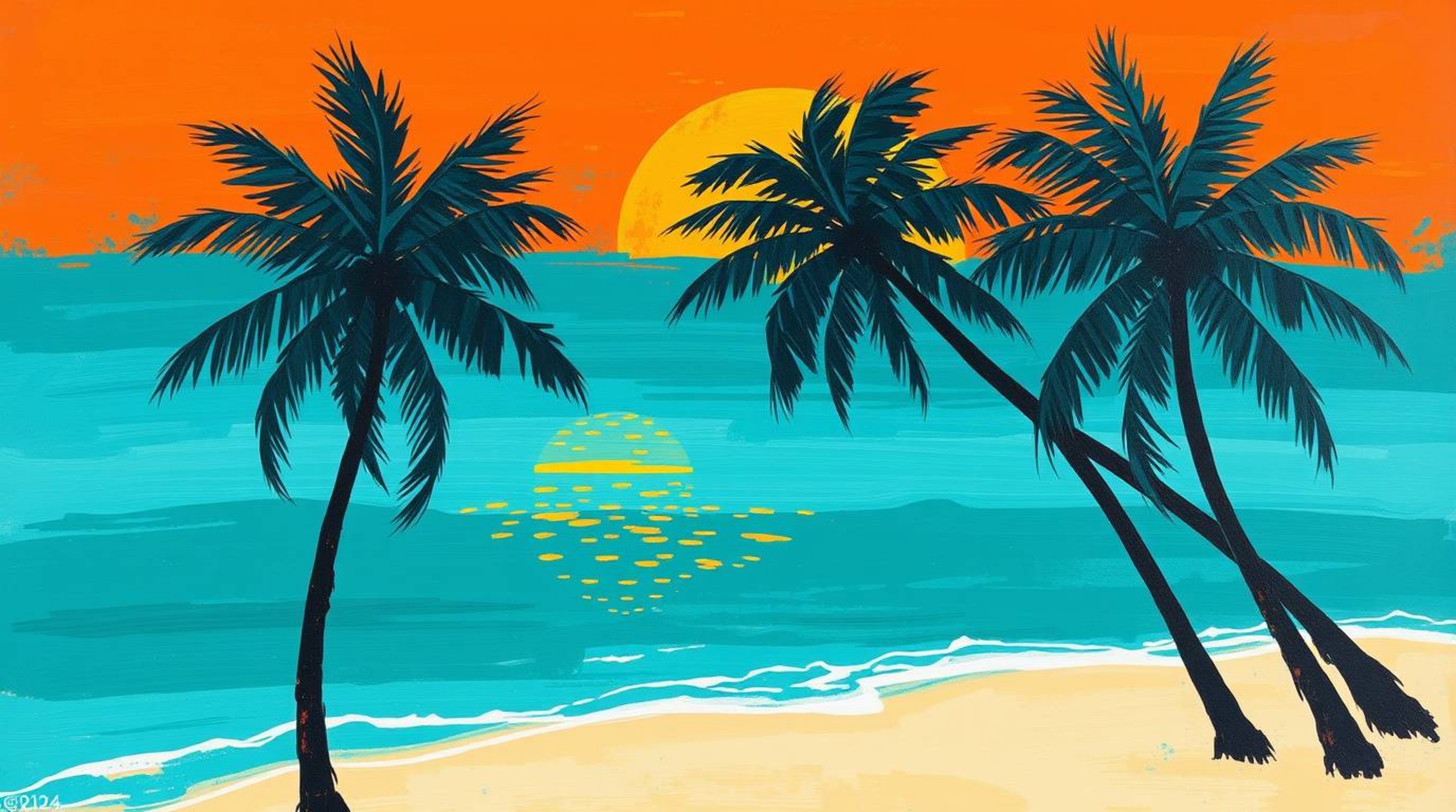 This bold acrylic painting captures the essence of a tropical beach sunset.  Palm trees sway gently under a vibrant color sch