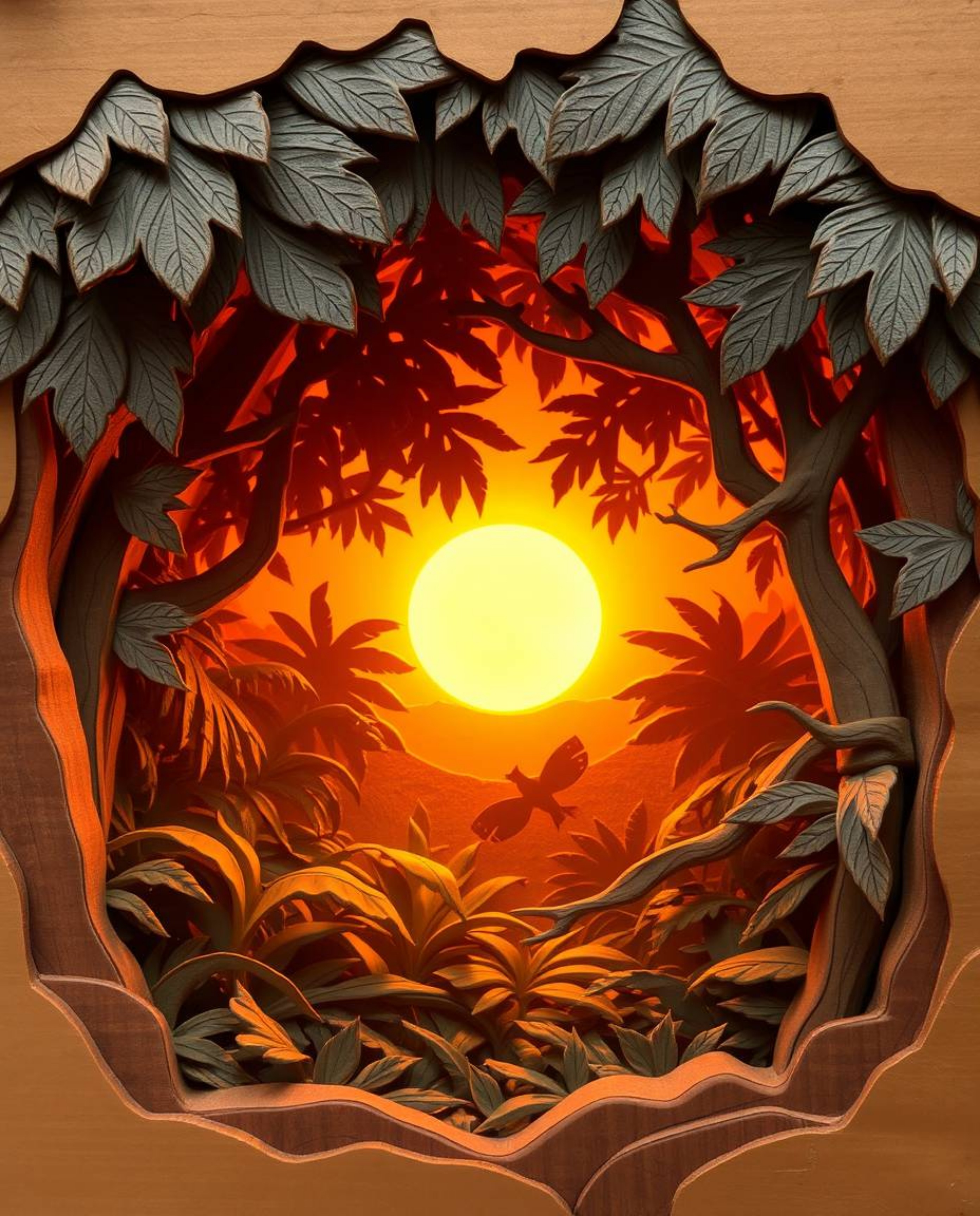 A sculpted papier-mâché artwork that captures a sunset filtering through a dense jungle canopy. The piece is characterized by