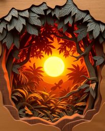 A sculpted papier-mâché artwork that captures a sunset filtering through a dense jungle canopy. The piece is characterized by