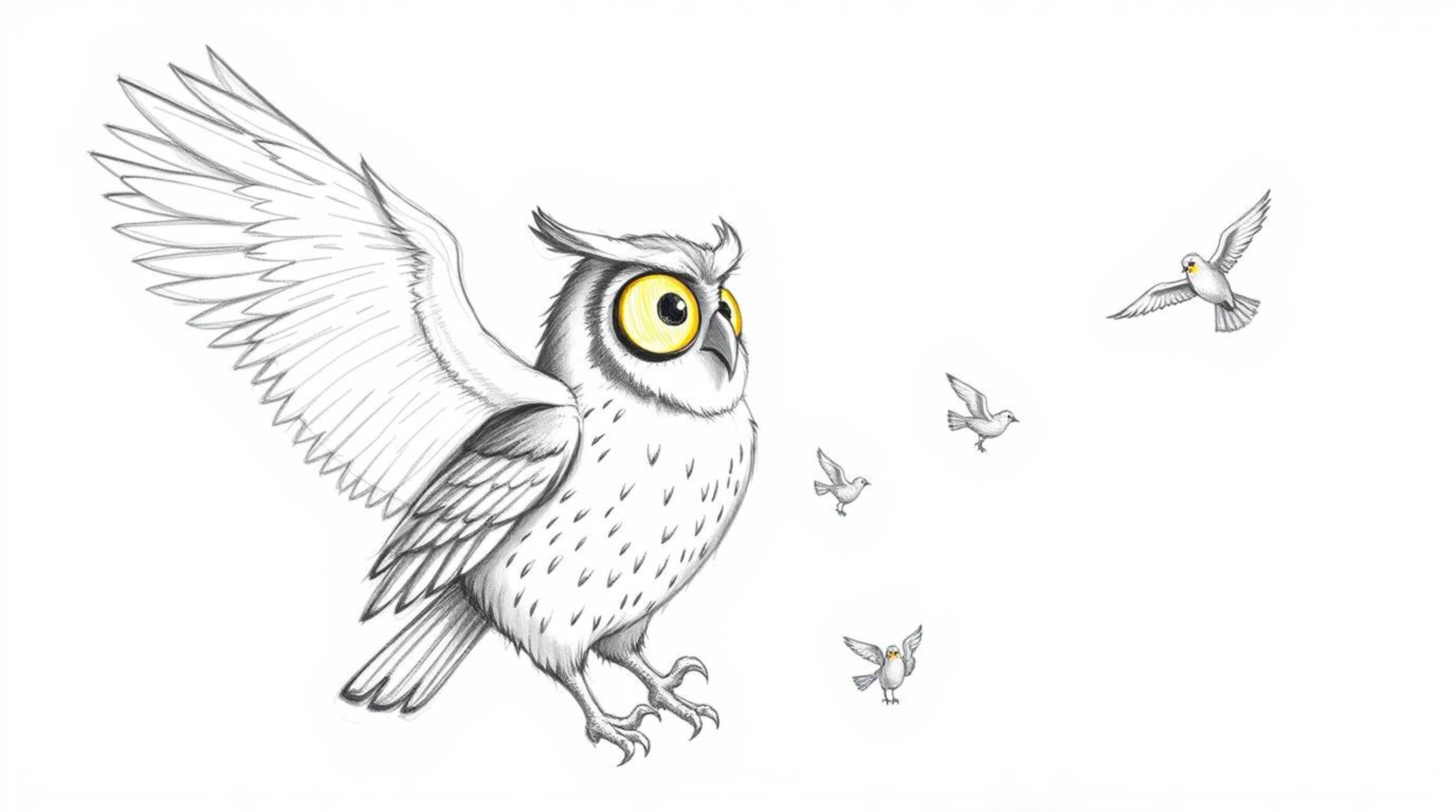 A heartwarming hand-drawn Pixar style sketch depicts a blind owl lovingly teaching small birds how to fly. The owl's feathers