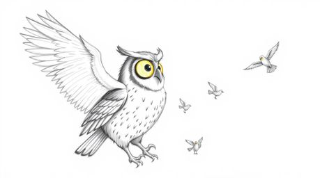 A heartwarming hand-drawn Pixar style sketch depicts a blind owl lovingly teaching small birds how to fly. The owl's feathers