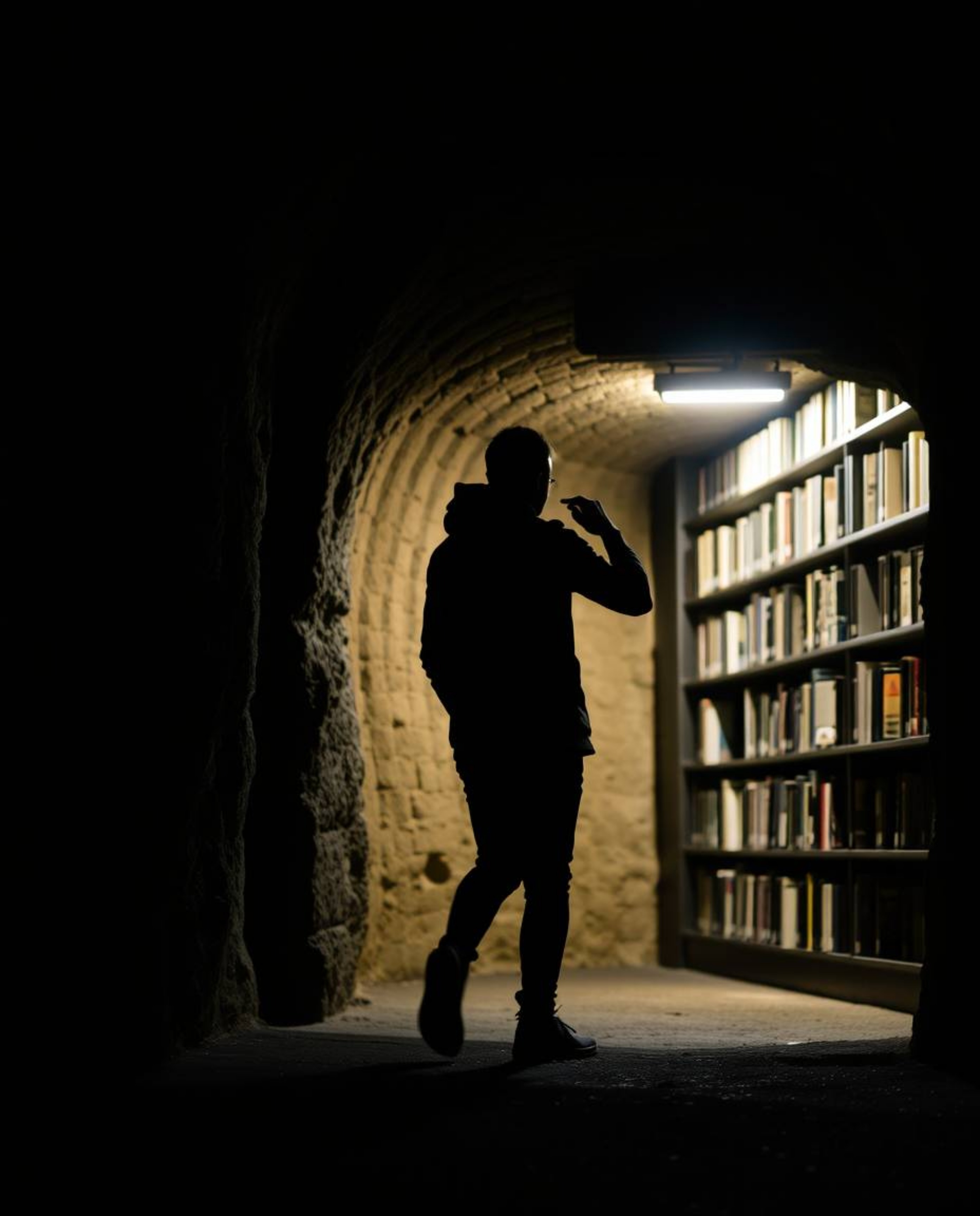 Capture the awe-inspiring moment of a silhouetted figure discovering a hidden underground library, rendered through the capti