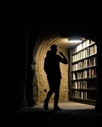 Capture the awe-inspiring moment of a silhouetted figure discovering a hidden underground library, rendered through the capti