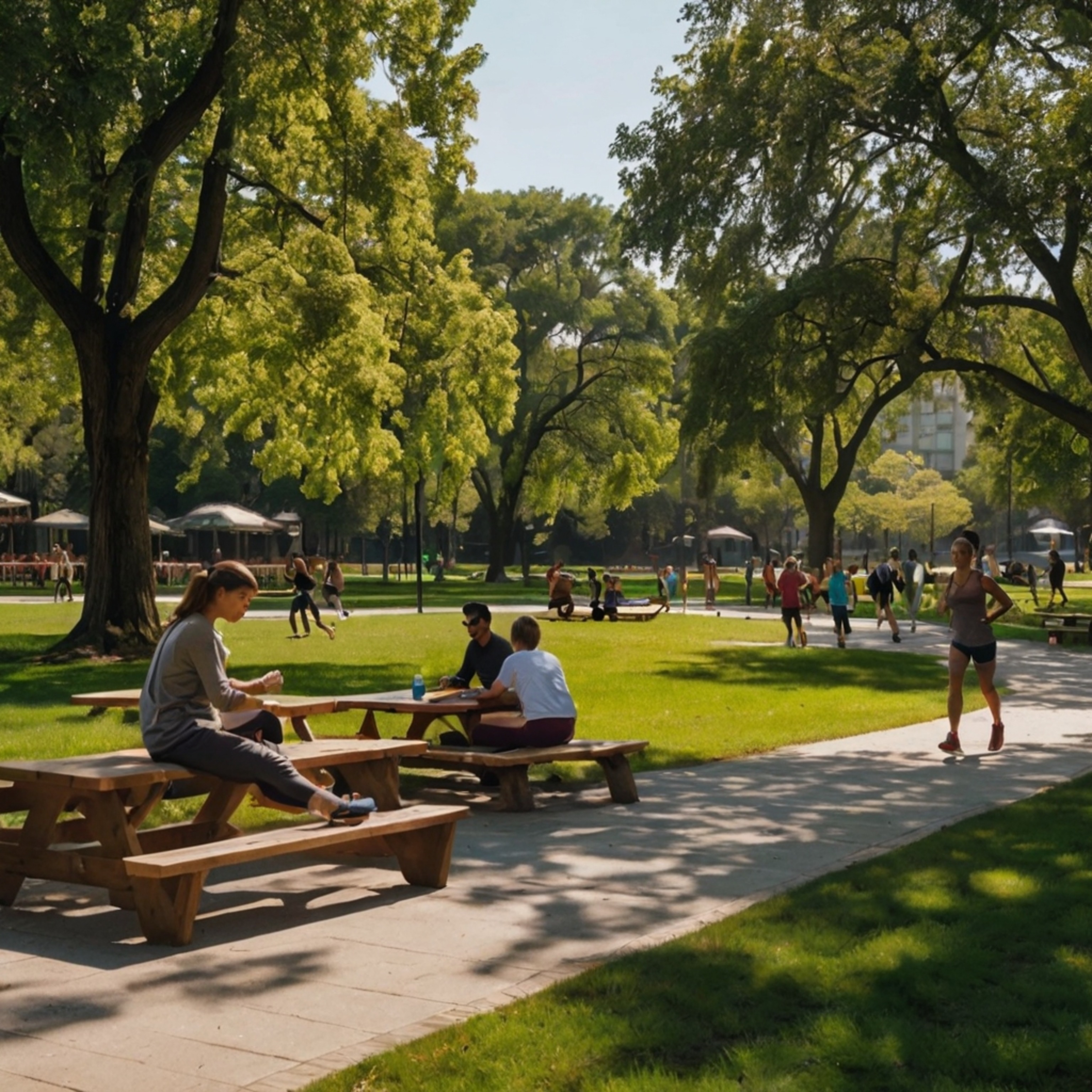 Enjoy a vibrant urban oasis featuring expansive jogging paths, invigorating outdoor fitness stations, and picturesque picnic