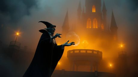 A classic Disney villain casts a powerful spell within the dimly lit walls of an ancient castle.  Thick fog swirls around the