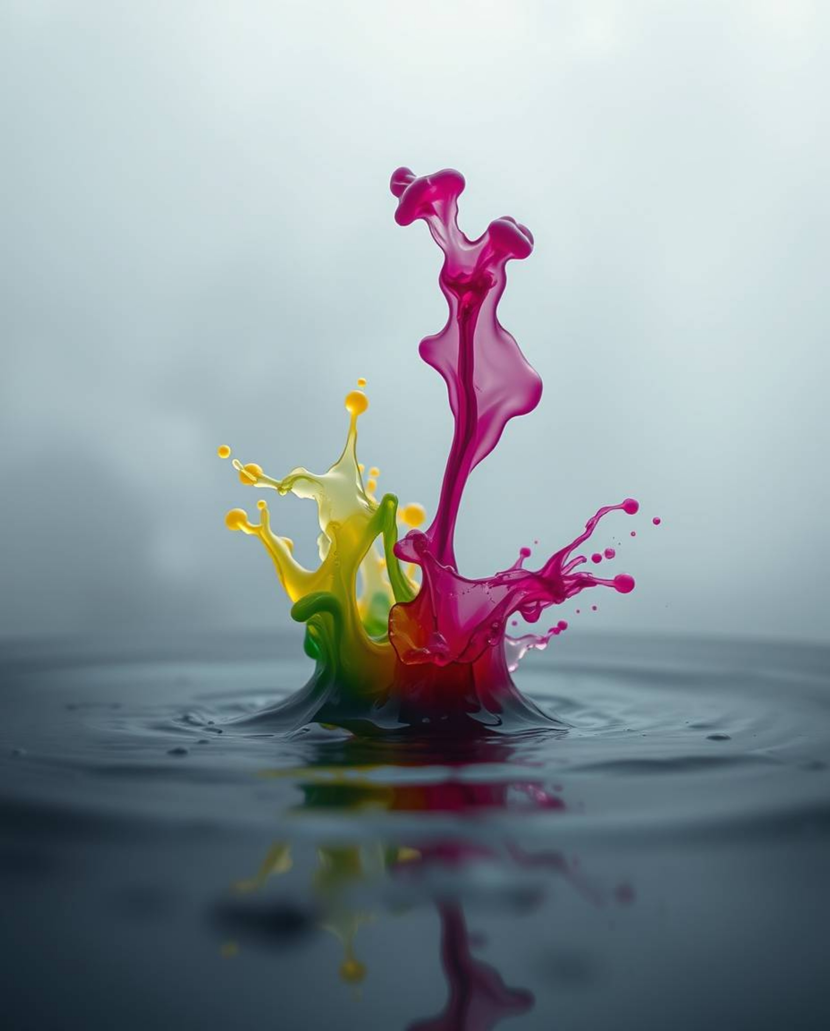 A dramatic cinematic macro photograph showcases vibrant ink splashes in water, enveloped in a thick, foggy atmosphere.  The i