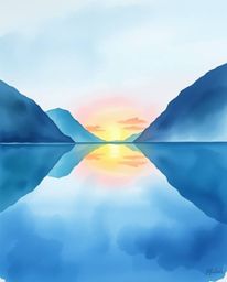 A delicate watercolor painting of a glassy fjord reflecting a sunset. This artwork is rendered in cool blues, greens, and pur