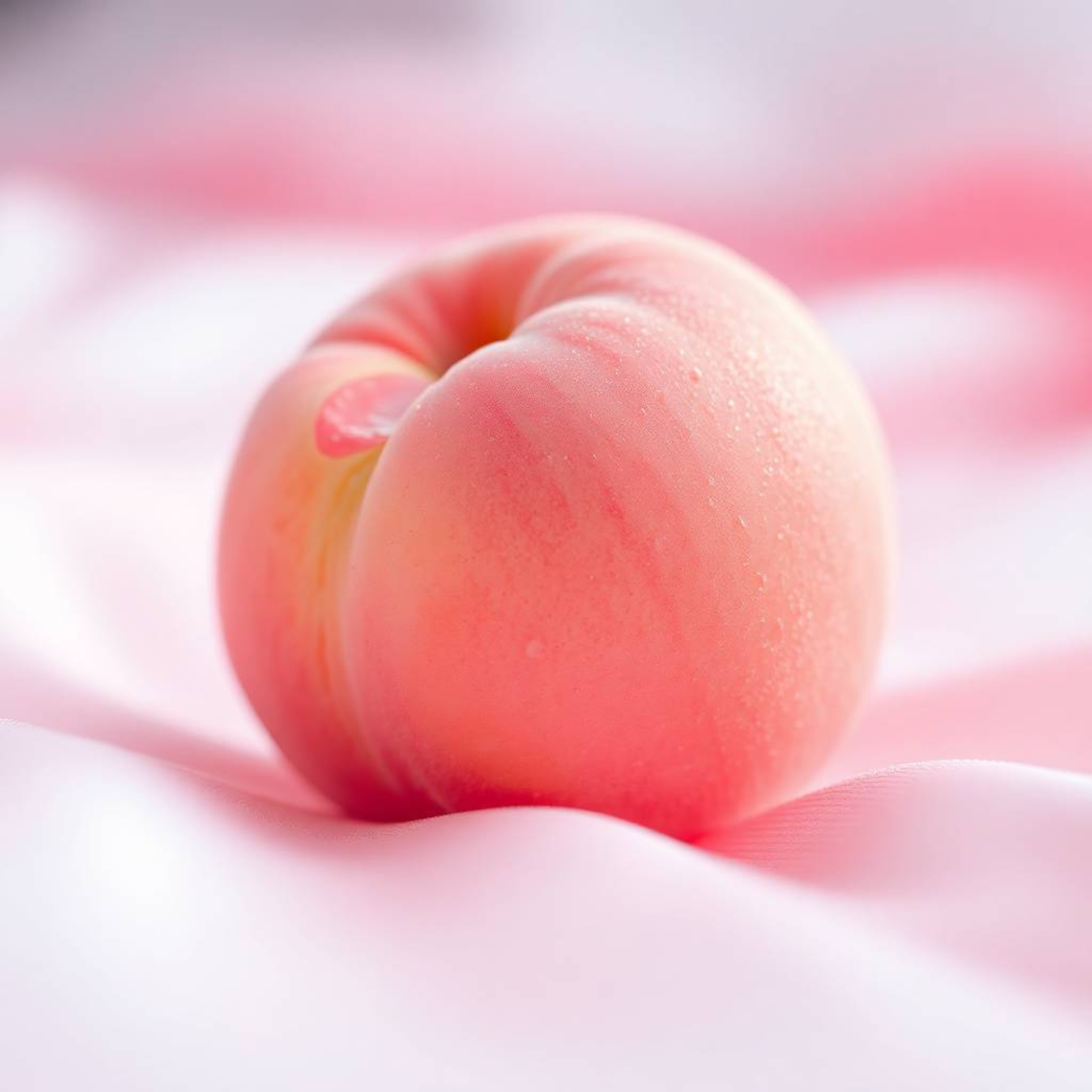A dynamic, iridescent close-up ASMR image featuring a soft, blushing pink peach resting on silky pastel pink fabric. The imag