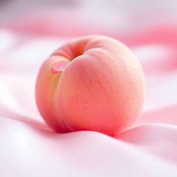 A dynamic, iridescent close-up ASMR image featuring a soft, blushing pink peach resting on silky pastel pink fabric. The imag