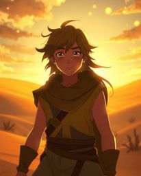 Embark on a breathtaking desert adventure with a brave, Disney-style hero bathed in a warm golden glow. Immerse yourself in a