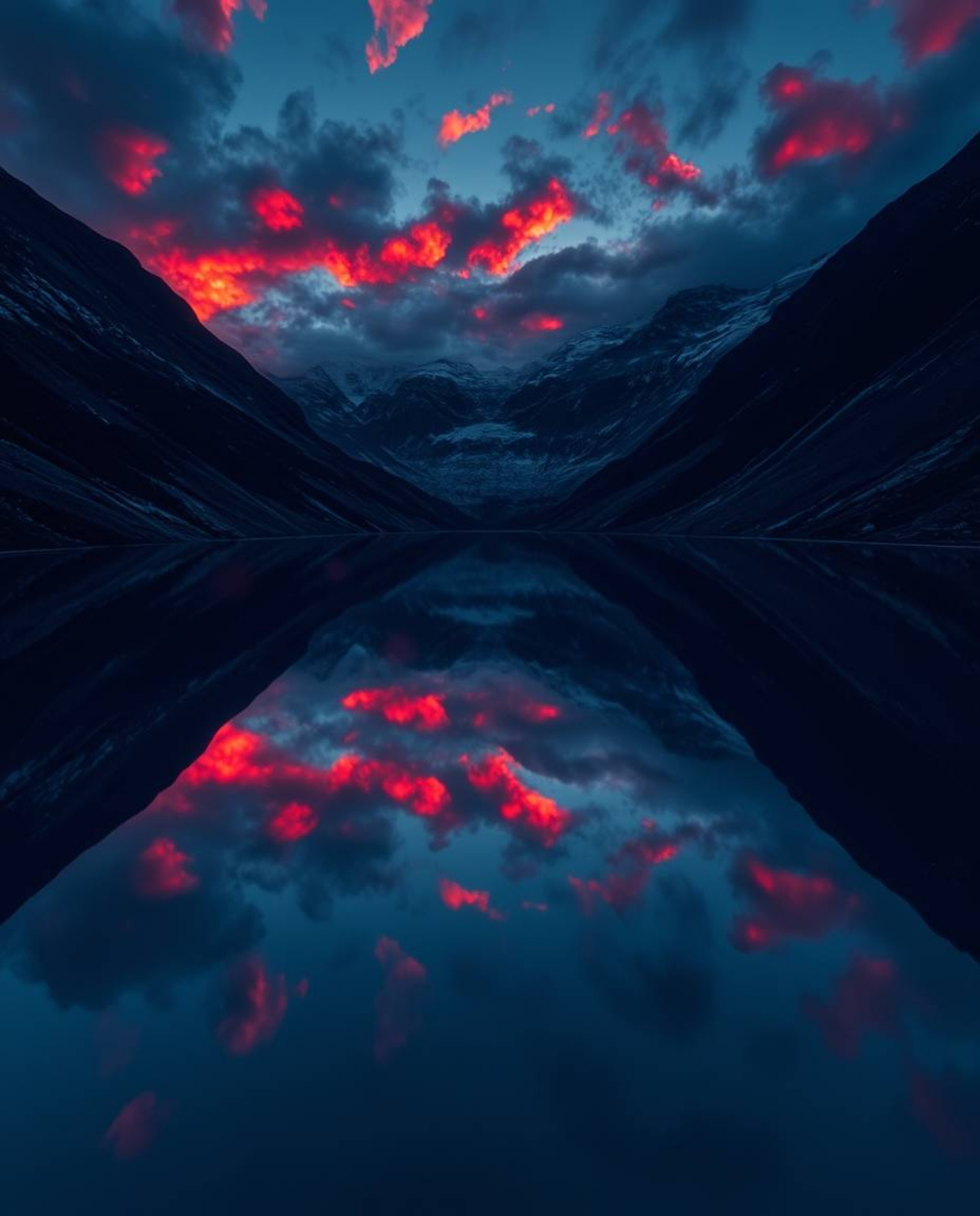 A sophisticated and elegant bird's-eye view photograph captures the stunning reflections of fiery clouds in a mountain lake. 
