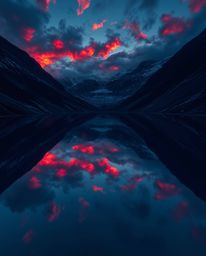 A sophisticated and elegant bird's-eye view photograph captures the stunning reflections of fiery clouds in a mountain lake. 