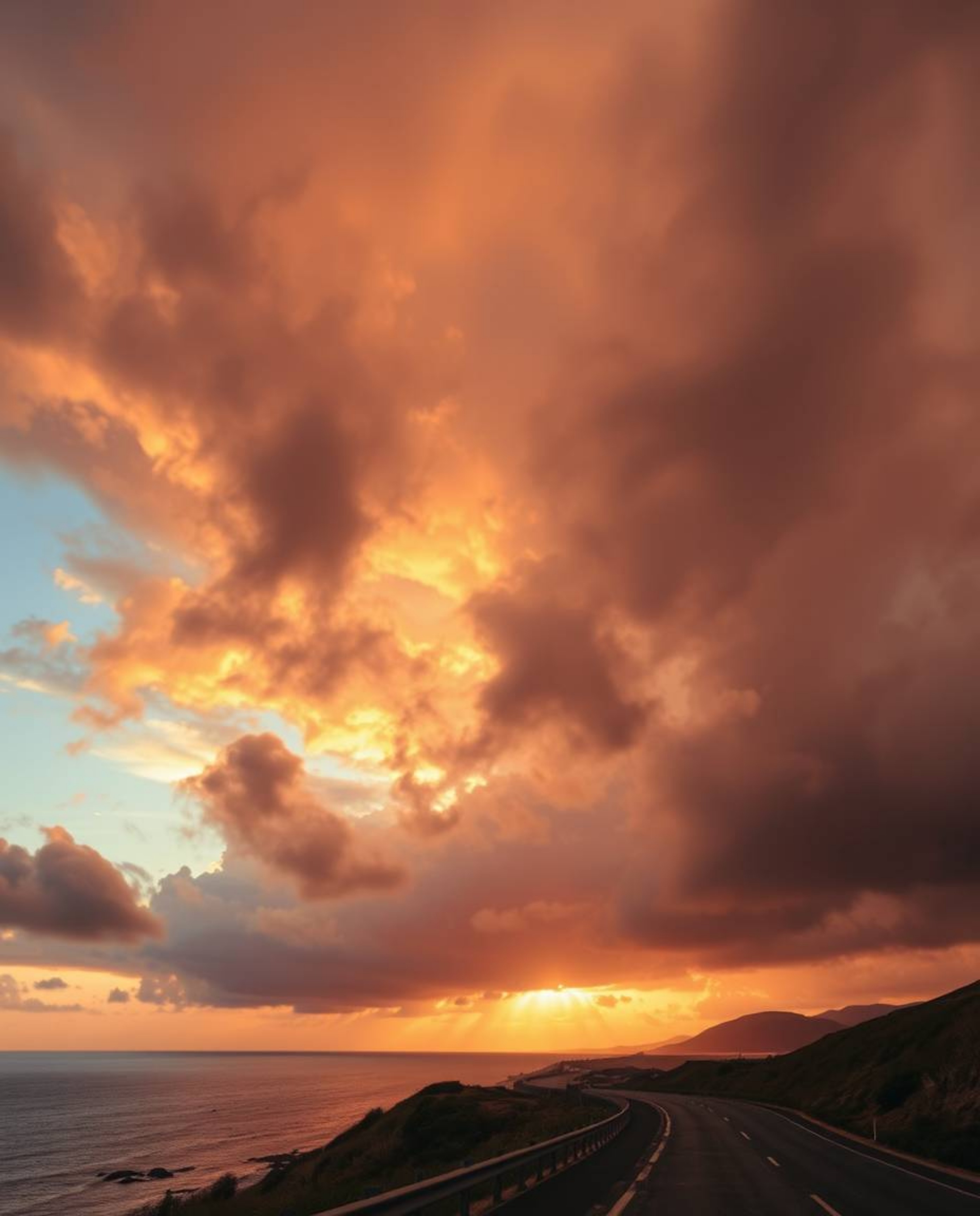 This professional photograph depicts a sunset sky over a winding coastal highway, captured in a fine art style with an aesthe