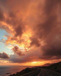This professional photograph depicts a sunset sky over a winding coastal highway, captured in a fine art style with an aesthe