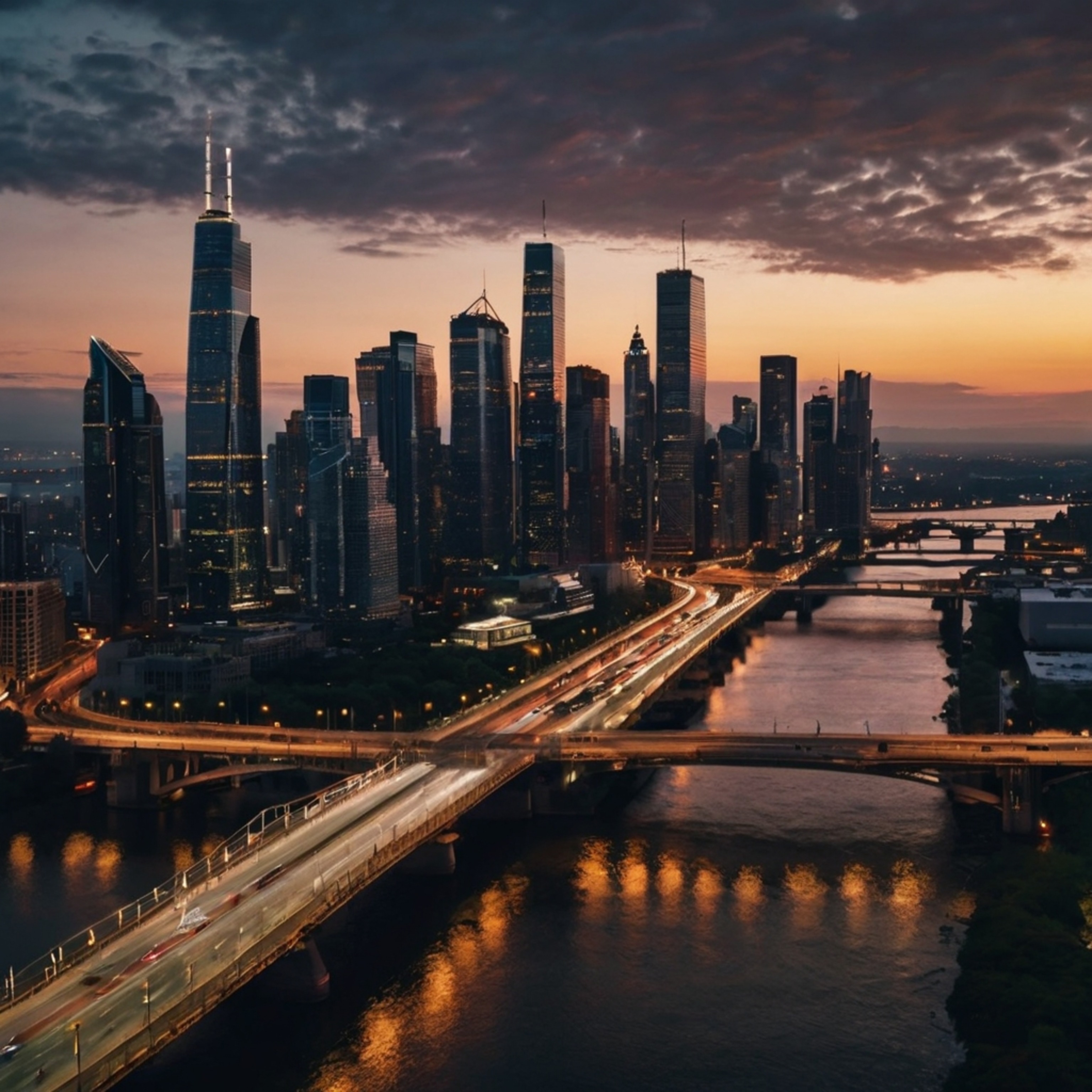 Capture the vibrant energy of a modern metropolis at dusk. This scene features a breathtaking skyline with illuminated skyscr
