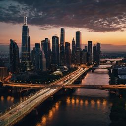 Capture the vibrant energy of a modern metropolis at dusk. This scene features a breathtaking skyline with illuminated skyscr