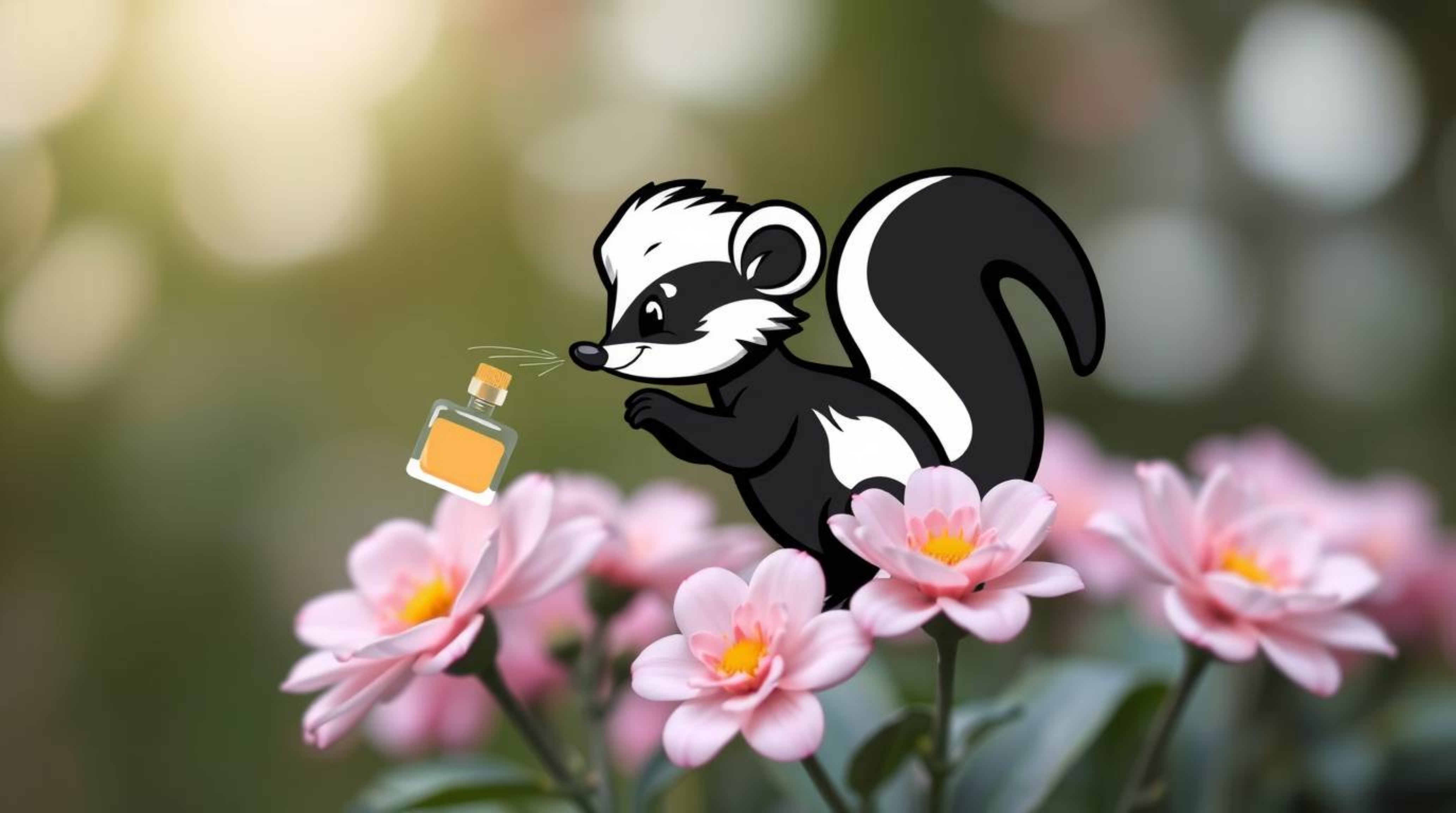 A charming cartoon skunk playfully sprays perfume onto delicate flowers, creating a visually stunning image. The design incor