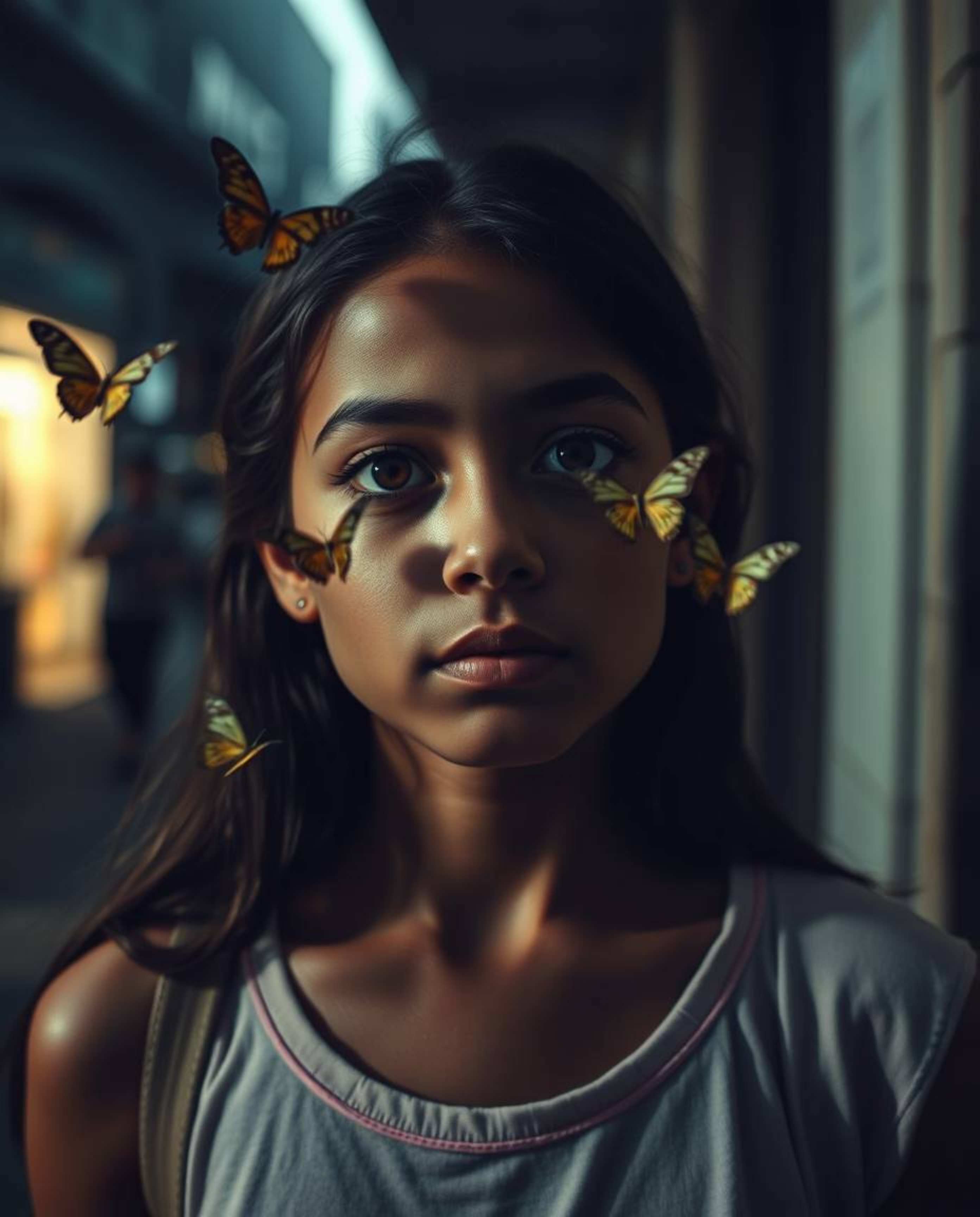 A captivating candid street photograph showcasing a girl with dark eyes and olive skin releasing butterflies in an urban sett