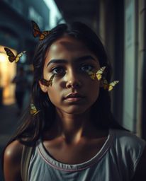 A captivating candid street photograph showcasing a girl with dark eyes and olive skin releasing butterflies in an urban sett
