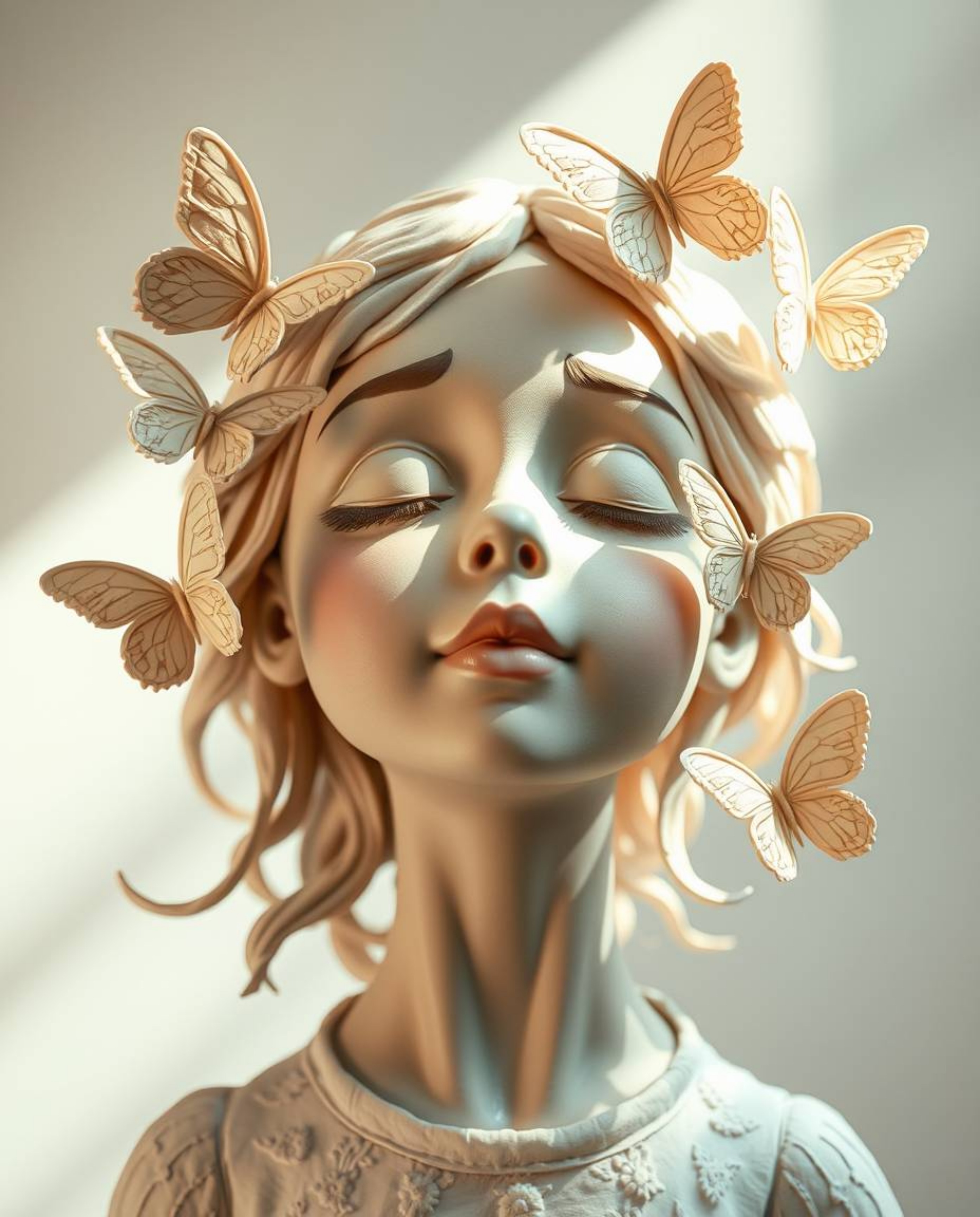 A captivating sculptural clay art piece depicting a young girl with delicate features as she gently releases butterflies into