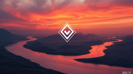 A massive scale heroic scene featuring a winding river glowing under a dramatic orange-pink sky provides a stunning backdrop 