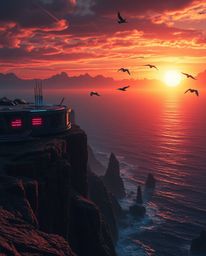 A futuristic sci-fi scene captures a coastal cliff sunset with soaring birds, featuring advanced technology elements. The ima