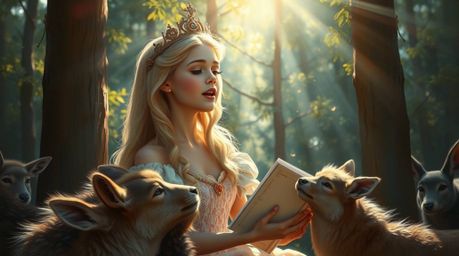 An enchanting scene unfolds, depicting a fair-skinned princess with blonde hair serenading the creatures of the forest. Rend