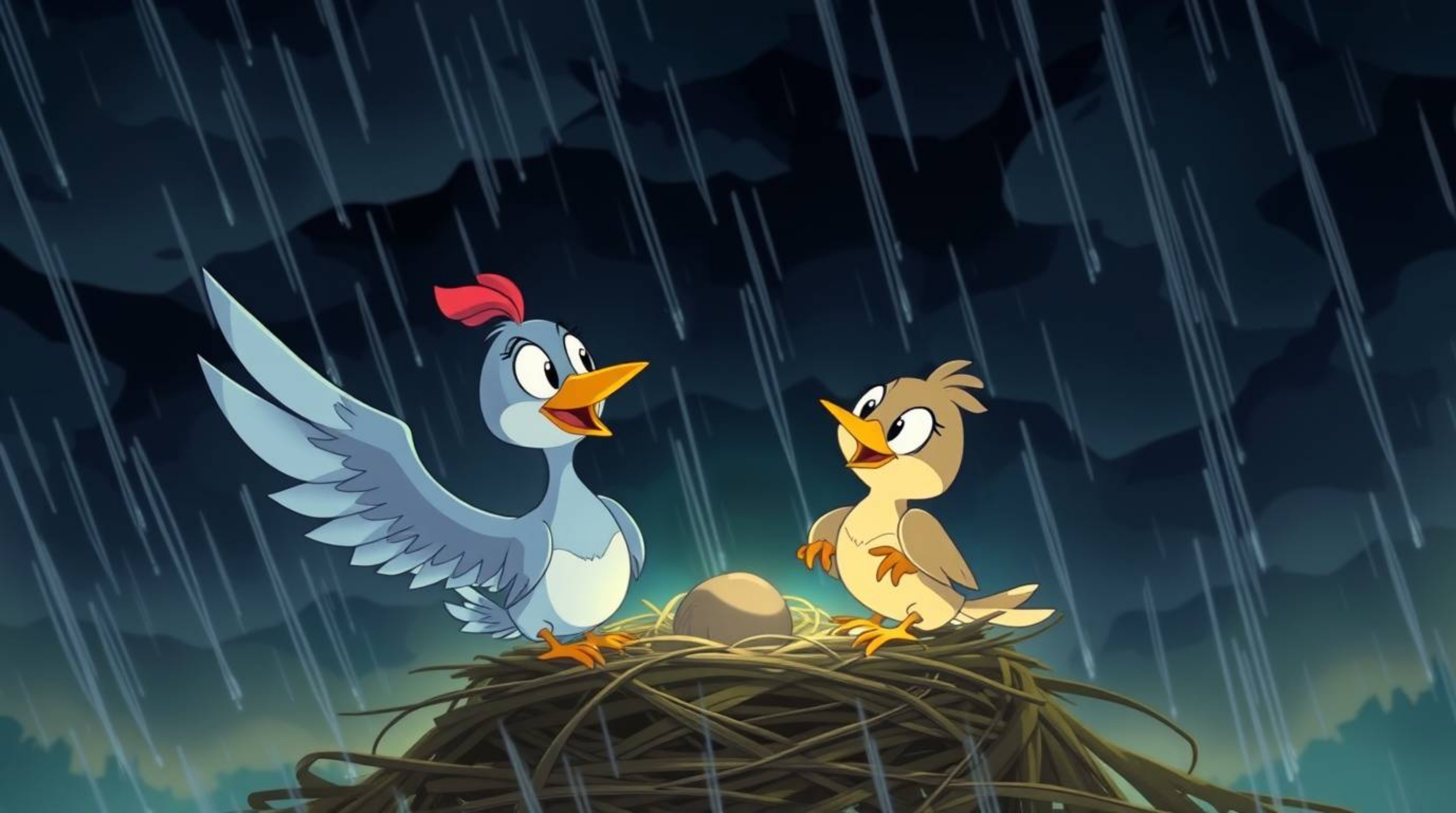 Two cartoon birds are intensely focused on building a nest in a classic animation style, set against a backdrop of dramatic a
