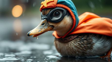 Experience the world through an extreme macro close-up featuring a duck in a zany superhero costume, captured in a wet and ra